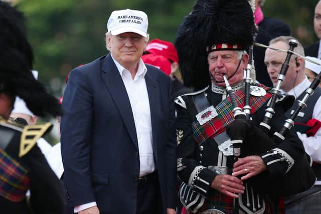 Donald J Trump pictured visiting his Turnberry golf course in 2016 ahead of his victory in the presidential elections.