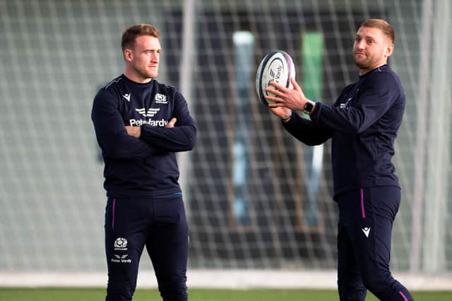 Scotland captain Stuart Hogg, left, with stand-off Finn Russell during a training session at Oriam ahead of the Japan match. (Photo by Paul Devlin / SNS Group)