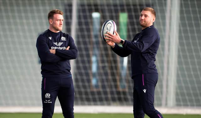 Scotland captain Stuart Hogg, left, with stand-off Finn Russell during a training session at Oriam ahead of the Japan match. (Photo by Paul Devlin / SNS Group)
