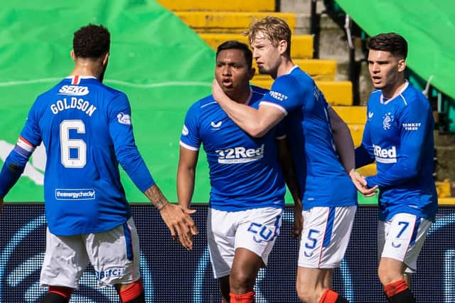 Alfredo Morelos celebrates scoring against Celtic in yesterday's Old Firm clash. Picture: SNS
