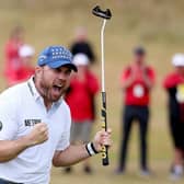 Richie Ramsay celebrates on the 18th green after winning  the Cazoo Classic at Hillside. Picture: Warren Little/Getty Images.