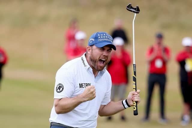 Richie Ramsay celebrates on the 18th green after winning  the Cazoo Classic at Hillside. Picture: Warren Little/Getty Images.