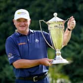 Paul Lawrie shows off the trophy after winning the Farmfoods European Senior Masters hosted by Peter Baker at La Manga Club. Picture: Phil Inglis/Getty Images.