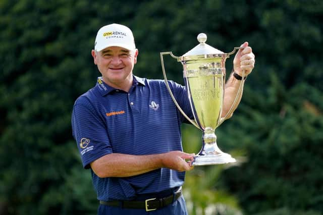 Paul Lawrie shows off the trophy after winning the Farmfoods European Senior Masters hosted by Peter Baker at La Manga Club. Picture: Phil Inglis/Getty Images.