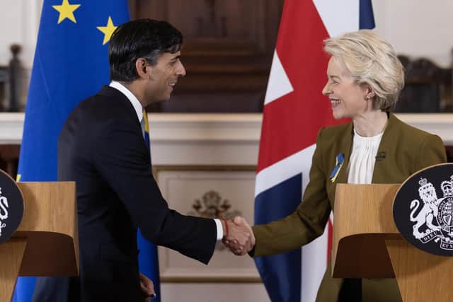 Rishi Sunak and EU Commission President Ursula von der Leyen shake hands after negotiating the Windsor Framework (Picture: Dan Kitwood/Getty Images)