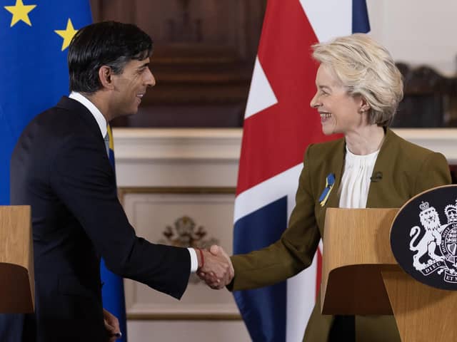 Rishi Sunak and EU Commission President Ursula von der Leyen shake hands after negotiating the Windsor Framework (Picture: Dan Kitwood/Getty Images)