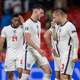 ENGLAND, SCOTLAND - JUNE 18: England's Reece James, Declan Rice and Luke Shaw (l-R) at full time during a Euro 2020 match between England and Scotland at Wembley Stadium. (Photo by Alan Harvey / SNS Group)