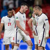 ENGLAND, SCOTLAND - JUNE 18: England's Reece James, Declan Rice and Luke Shaw (l-R) at full time during a Euro 2020 match between England and Scotland at Wembley Stadium. (Photo by Alan Harvey / SNS Group)