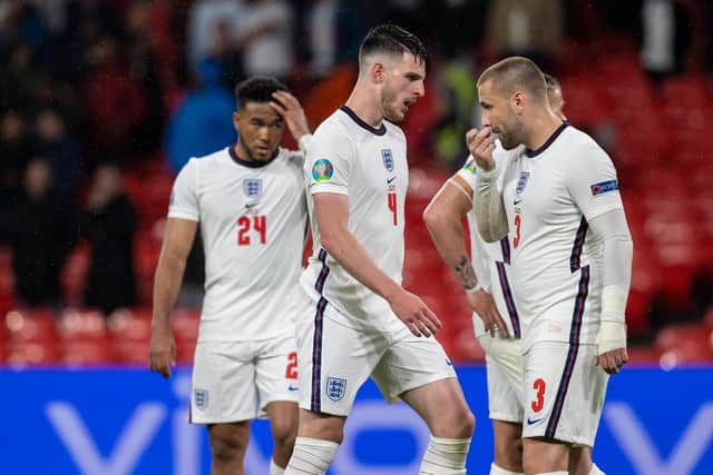 ENGLAND, SCOTLAND - JUNE 18: England's Reece James, Declan Rice and Luke Shaw (l-R) at full time during a Euro 2020 match between England and Scotland at Wembley Stadium. (Photo by Alan Harvey / SNS Group)