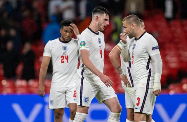 ENGLAND, SCOTLAND - JUNE 18: England's Reece James, Declan Rice and Luke Shaw (l-R) at full time during a Euro 2020 match between England and Scotland at Wembley Stadium. (Photo by Alan Harvey / SNS Group)