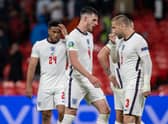 ENGLAND, SCOTLAND - JUNE 18: England's Reece James, Declan Rice and Luke Shaw (l-R) at full time during a Euro 2020 match between England and Scotland at Wembley Stadium. (Photo by Alan Harvey / SNS Group)