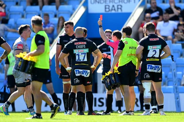 Sam Skinner of Exeter Chiefs is shown the red card during the Gallagher Premiership match against Sale at Sandy Park. Picture: Alex Davidson/Getty Images