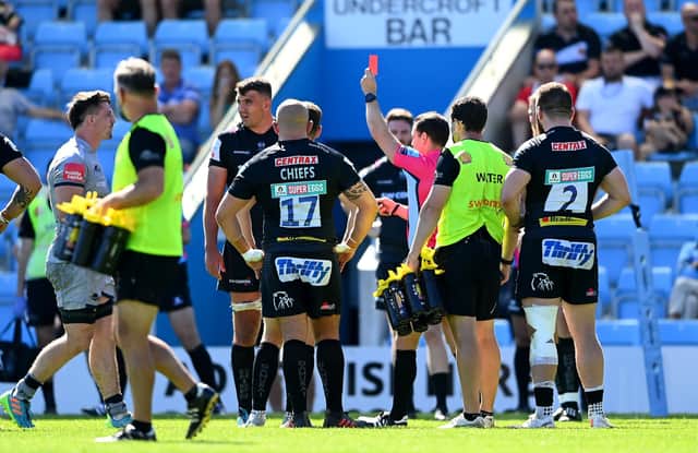 Sam Skinner of Exeter Chiefs is shown the red card during the Gallagher Premiership match against Sale at Sandy Park. Picture: Alex Davidson/Getty Images