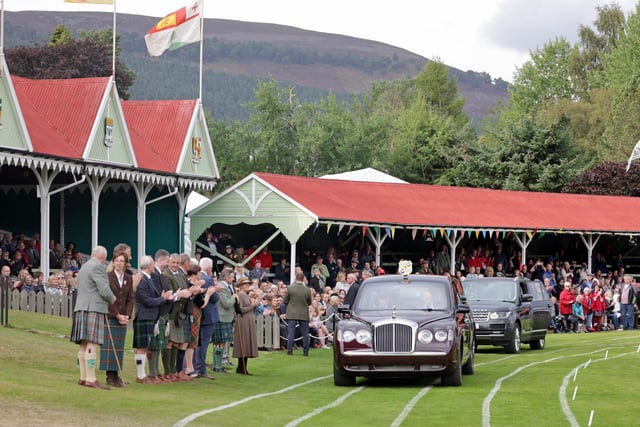 A general view of the royal procession at the Braemar Highland Gathering