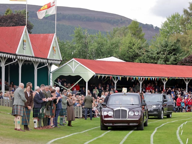 A general view of the royal procession at the Braemar Highland Gathering