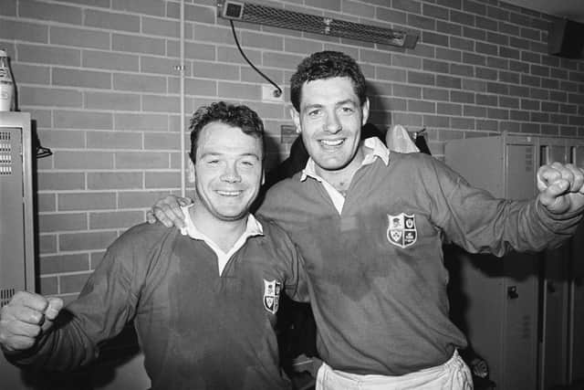 Gavin Hastings and Ieuan Evans celebrate the third Test victory over Australia in Sydney in 1989 which clinched the series for the Lions. Picture: Russell Cheyne/Allsport