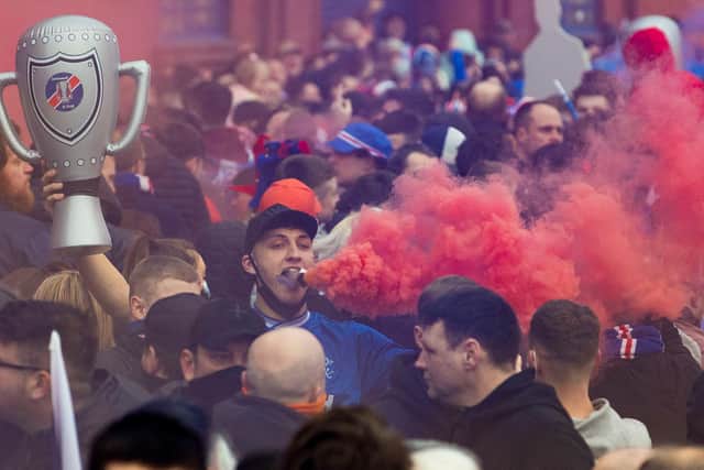 Rangers fans gather outside Ibrox as they are crowned champions on March 07, 2021, in Glasgow, Scotland. (Photo by Alan Harvey / SNS Group)