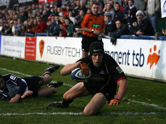 Edinburgh's Simon Webster gets in ahead of Leinster's Rob Kearney to score a try in the Celtic League match at Donnybrook on November 6, 2005. It was the last time Edinburgh won in Dublin.  (Picture: Julien Behal/PA)
