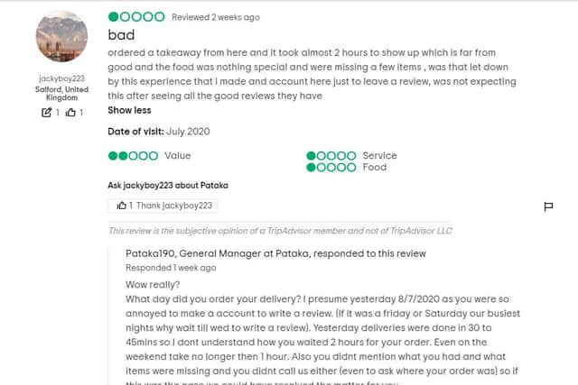 One of the fake reviews left on Pataka's TripAdvisor page.