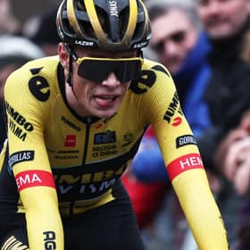 Jumbo-Visma's Danish rider Jonas Vingegaard reacts after crossing the finish line during the 4th stage of the 81st Paris - Nice cycling race, 165 km between Saint-Amand-Montrond and La Loge des Gardes.