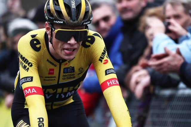 Jumbo-Visma's Danish rider Jonas Vingegaard reacts after crossing the finish line during the 4th stage of the 81st Paris - Nice cycling race, 165 km between Saint-Amand-Montrond and La Loge des Gardes.