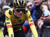 Jumbo-Visma's Danish rider Jonas Vingegaard reacts after crossing the finish line during the 4th stage of the 81st Paris - Nice cycling race, 165 km between Saint-Amand-Montrond and La Loge des Gardes.