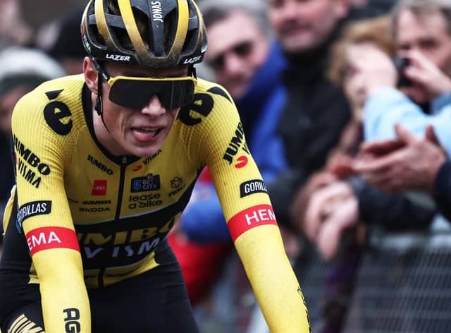 Jumbo-Visma's Danish rider Jonas Vingegaard reacts after crossing the finish line during the 4th stage of the 81st Paris - Nice cycling race, 165 km between Saint-Amand-Montrond and La Loge des Gardes.