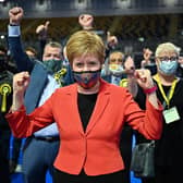 Nicola Sturgeon celebrates her re-election as MSP for Glasgow Southside in May 2021 (Picture: Jeff J Mitchell/Getty Images)