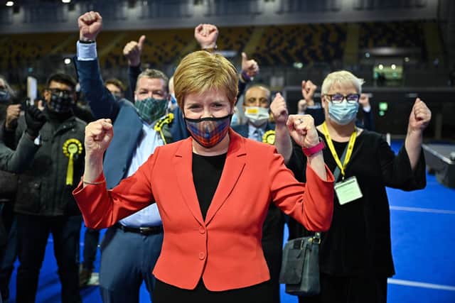 Nicola Sturgeon celebrates her re-election as MSP for Glasgow Southside in May 2021 (Picture: Jeff J Mitchell/Getty Images)