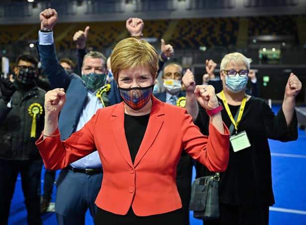 Nicola Sturgeon celebrates her re-election as MSP for Glasgow Southside in May 2021 (Picture: Jeff J Mitchell/Getty Images)