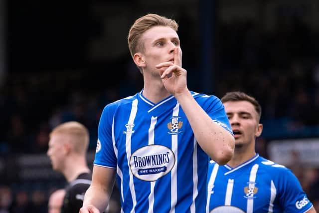 Kilmarnock's Oli Shaw celebrates after scoring a penalty to make it 2-1 over Stenhousemuir at Rugby Park. (Photo by Alan Harvey / SNS Group)