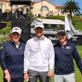 Tartan trio Bob MacIntyre, Martin Laird and Russell Knox pictured during their practice round on Tuesday at Riviera Country Club in Los Angeles ahead of this week's Genesis Invitational. Picture: @bouncespmgt