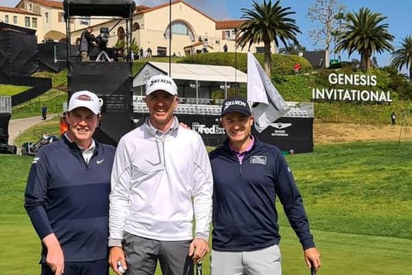 Tartan trio Bob MacIntyre, Martin Laird and Russell Knox pictured during their practice round on Tuesday at Riviera Country Club in Los Angeles ahead of this week's Genesis Invitational. Picture: @bouncespmgt