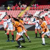 CUMBERNAULD, SCOTLAND - JUNE 06: Niamh Farrell (centre) celebrates her goal to make it 2-0 Glasgow City. (Photo by Mark Scates / SNS Group)