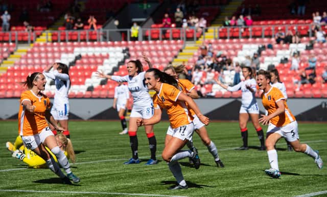 CUMBERNAULD, SCOTLAND - JUNE 06: Niamh Farrell (centre) celebrates her goal to make it 2-0 Glasgow City. (Photo by Mark Scates / SNS Group)