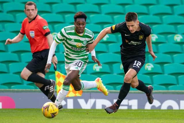 Celtic's Jeremie Frimpong and Jullien Serrano in acion during a Scottish Premiership match between Celtic and Livingston at Celtic Park on September 19, 2020, in Glasgow, Scotland. (Photo by Rob Casey / SNS Group)