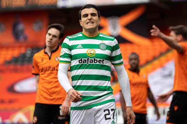Celtic's Mohamed Elyounoussi shows his frustration after failing to take a number of chances against Dundee United at Tannadice Park. (Photo by Craig Foy / SNS Group)