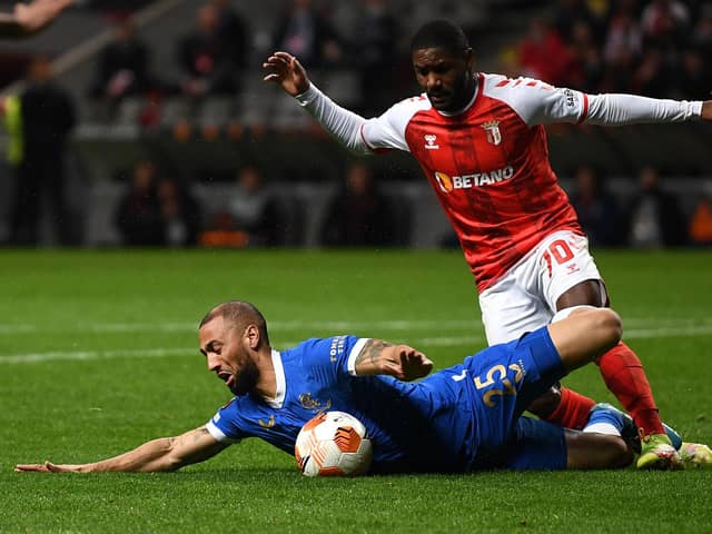 Kemar Roofe, pictured after a challenge by Braga defender Fabiano Souza on Thursday night, could be restored to the Rangers starting line-up for Sunday's Premiership fixture at St Mirren. (Photo by Octavio Passos/Getty Images)