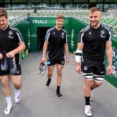 Glasgow Warriors players Murphy Walker, Domingo Miotti and Matt Fagerson emerge for the Captain's Run at the Aviva Stadium.  (Photo by Dan Sheridan/INPHO/Shutterstock)