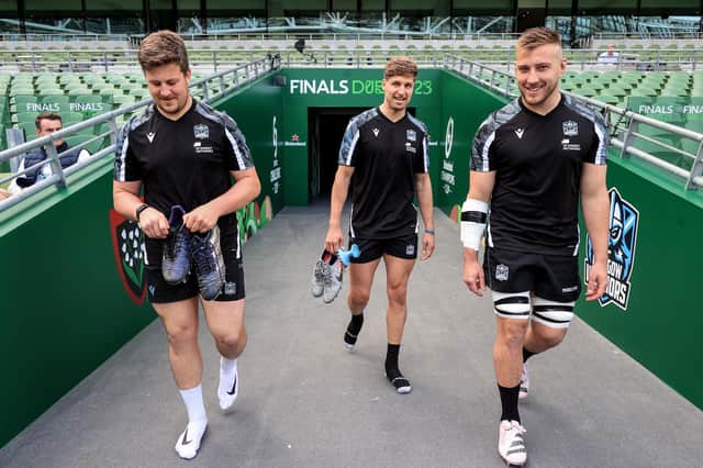 Glasgow Warriors players Murphy Walker, Domingo Miotti and Matt Fagerson emerge for the Captain's Run at the Aviva Stadium. (Photo by Dan Sheridan/INPHO/Shutterstock)