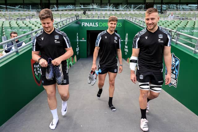 Glasgow Warriors players Murphy Walker, Domingo Miotti and Matt Fagerson emerge for the Captain's Run at the Aviva Stadium.  (Photo by Dan Sheridan/INPHO/Shutterstock)