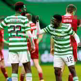 Ismaila Soro and Odsonne Edouard share a laugh as they discuss a late missed chance during their side's 1-0 win over Aberdeen. Picture: SNS