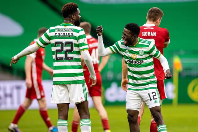 Ismaila Soro and Odsonne Edouard share a laugh as they discuss a late missed chance during their side's 1-0 win over Aberdeen. Picture: SNS