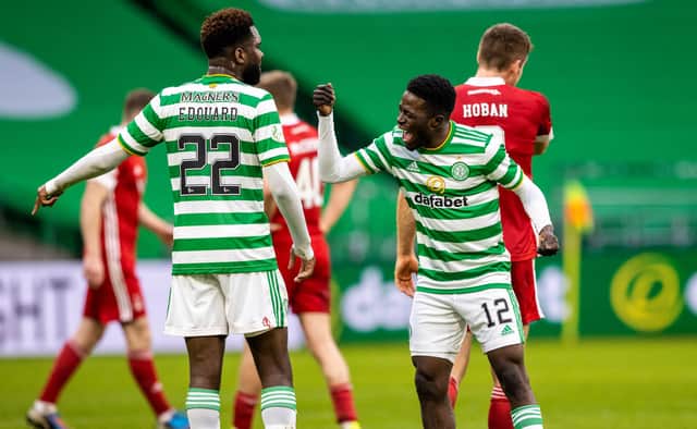 Ismaila Soro and Odsonne Edouard share a laugh as they discuss a late missed chance during their side's 1-0 win over Aberdeen. Picture: SNS