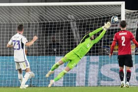Scotland's Zander Clark makes a save during the 2-2 draw in Georgia. (Photo by Craig Williamson / SNS Group)