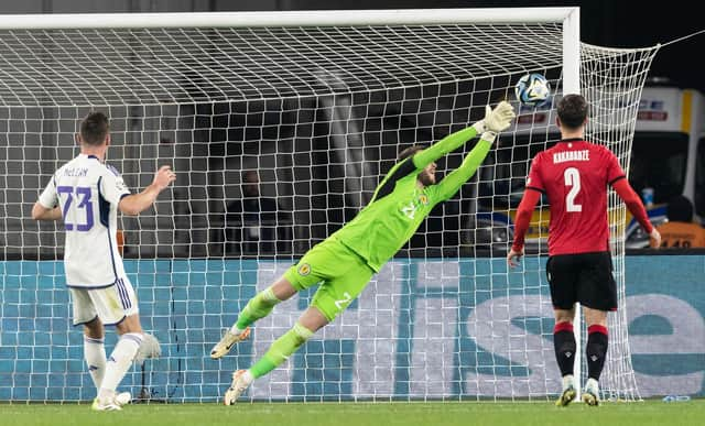 Scotland's Zander Clark makes a save during the 2-2 draw in Georgia. (Photo by Craig Williamson / SNS Group)