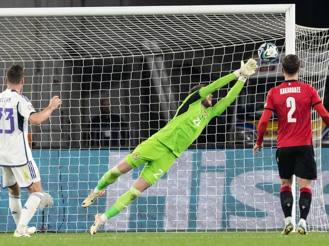 Scotland's Zander Clark makes a save during the 2-2 draw in Georgia. (Photo by Craig Williamson / SNS Group)