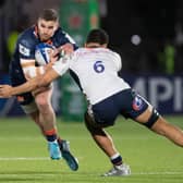 James Lang takes on Saracens' Andy Christie during Edinburgh's Heineken Champions Cup win. (Photo by Ross Parker / SNS Group)