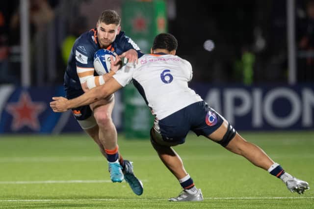 James Lang takes on Saracens' Andy Christie during Edinburgh's Heineken Champions Cup win. (Photo by Ross Parker / SNS Group)