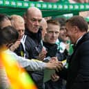 Celtic manager Brendan Rodgers celebrates with coach Gavin Strachan after the opening goal in the 3-0 win over Hearts. (Photo by Craig Foy / SNS Group)